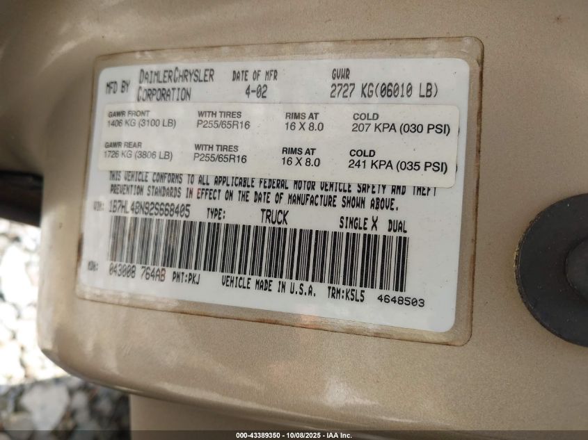 2002 Dodge Dakota Slt VIN: 1B7HL48N92S668405 Lot: 43389350