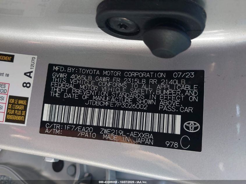 2023 Toyota Corolla Hybrid Xle VIN: JTDBCMFE7P3026002 Lot: 43389358