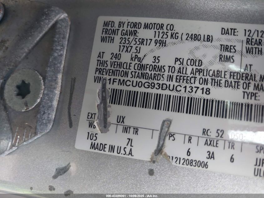 2013 Ford Escape Se VIN: 1FMCU0G93DUC13718 Lot: 43389361