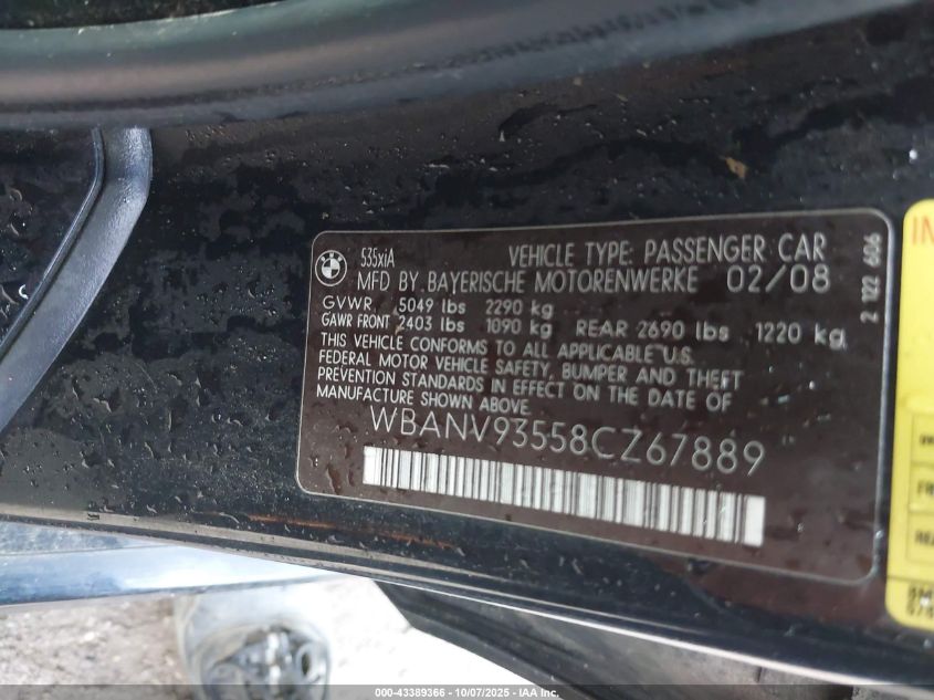 2008 BMW 535Xi VIN: WBANV93558CZ67889 Lot: 43389366