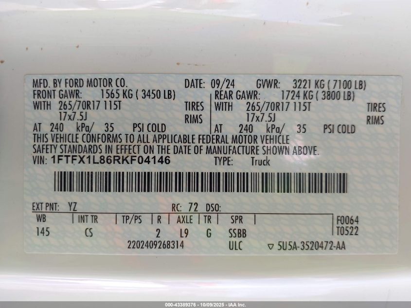 2024 Ford F-150 Xl VIN: 1FTFX1L86RKF04146 Lot: 43389376