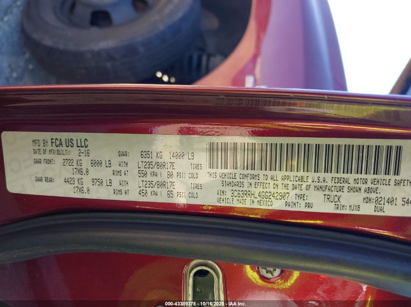 2016 Ram 3500 Big Horn VIN: 3C63RRHL4GG242907 Lot: 43389378