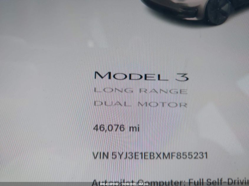 2021 Tesla Model 3 Long Range Dual Motor All-Wheel Drive VIN: 5YJ3E1EBXMF855231 Lot: 43389382