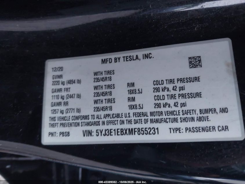 2021 Tesla Model 3 Long Range Dual Motor All-Wheel Drive VIN: 5YJ3E1EBXMF855231 Lot: 43389382
