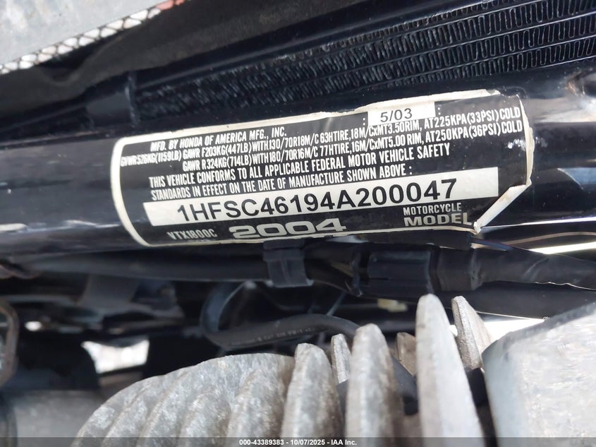2004 Honda Vtx1800 C VIN: 1HFSC46194A200047 Lot: 43389383