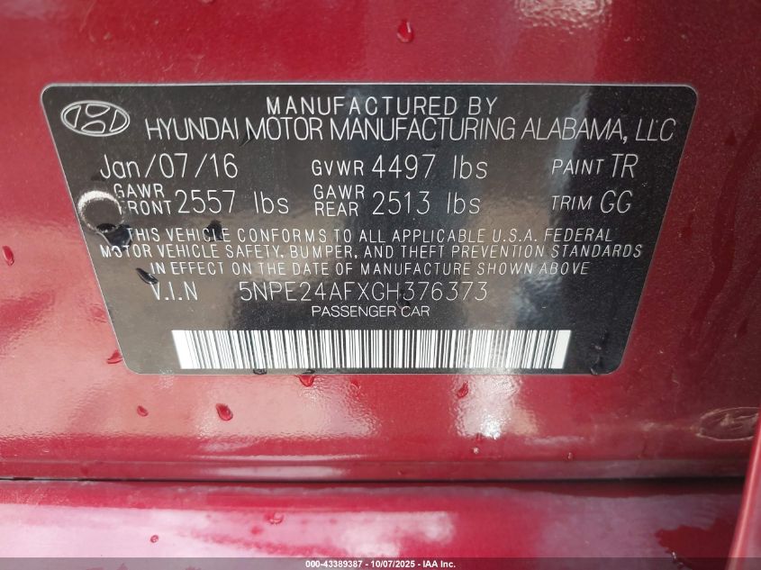 2016 Hyundai Sonata Se VIN: 5NPE24AFXGH376373 Lot: 43389387
