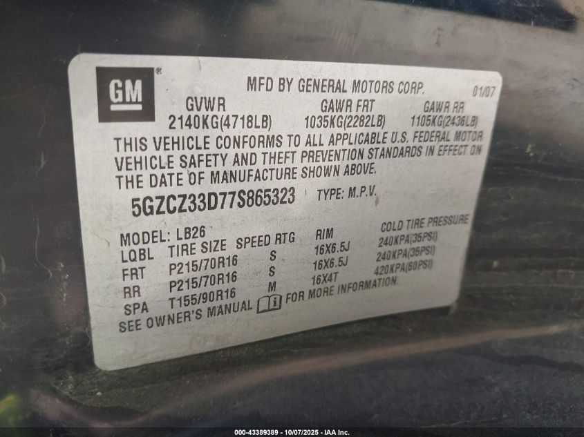 2007 Saturn Vue 4 Cyl VIN: 5GZCZ33D77S865323 Lot: 43389389