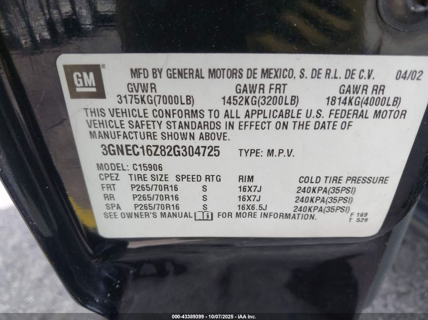 2002 Chevrolet Suburban 1500 Lt VIN: 3GNEC16Z82G304725 Lot: 43389399