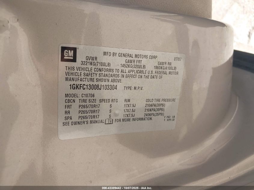 2008 GMC Yukon Sle VIN: 1GKFC13008J103304 Lot: 43389442