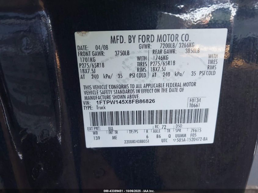 2008 Ford F-150 60Th Anniversary/Fx4/King Ranch/Lariat/Limited/Xlt VIN: 1FTPW145X8FB86826 Lot: 43389451