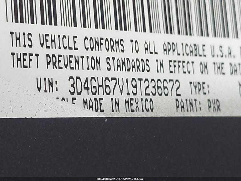 2009 Dodge Journey R/T VIN: 3D4GH67V19T236672 Lot: 43389452