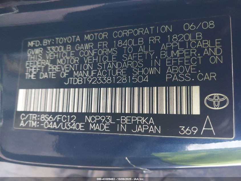 2008 Toyota Yaris VIN: JTDBT923381281504 Lot: 43389463