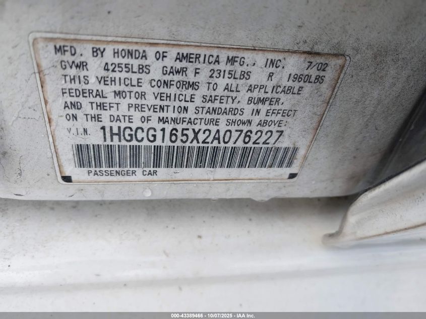2002 Honda Accord 3.0 Ex VIN: 1HGCG165X2A076227 Lot: 43389466