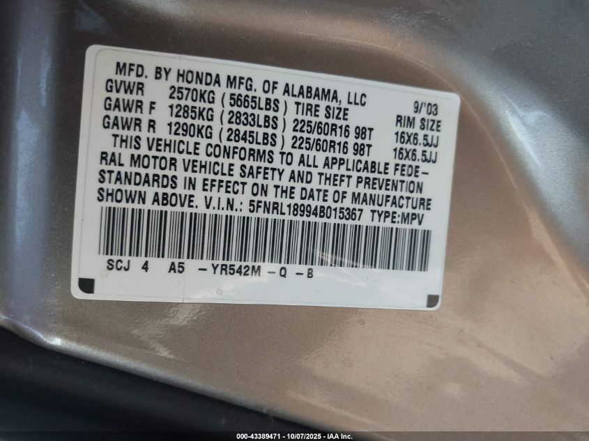 2004 Honda Odyssey Ex-L VIN: 5FNRL18994B015367 Lot: 43389471