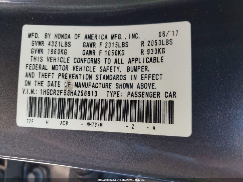 2017 Honda Accord Sport VIN: 1HGCR2F56HA256913 Lot: 43389474