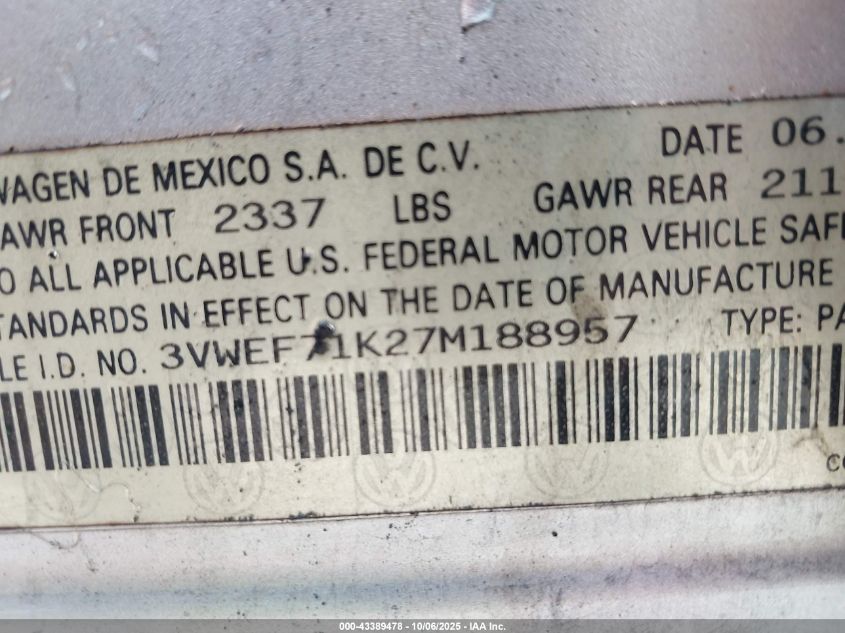 2007 Volkswagen Jetta Wolfsburg Edition VIN: 3VWEF71K27M188957 Lot: 43389478