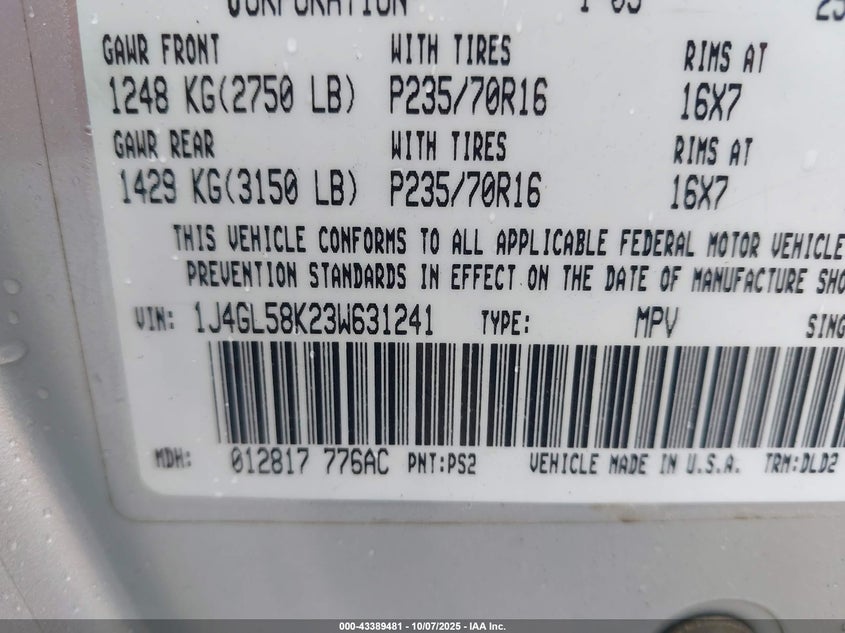 2003 Jeep Liberty Limited Edition VIN: 1J4GL58K23W631241 Lot: 43389481