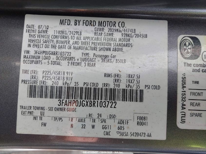 2011 Ford Fusion Sel VIN: 3FAHP0JGXBR103722 Lot: 43389497