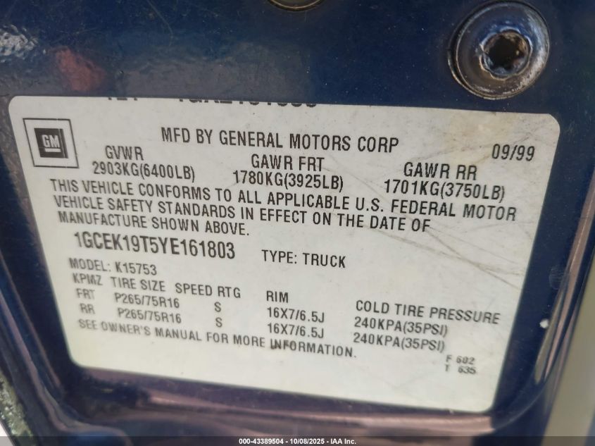 2000 Chevrolet Silverado 1500 Ls VIN: 1GCEK19T5YE161803 Lot: 43389504