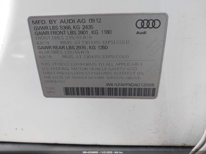2013 Audi Q5 2.0T Premium VIN: WA1LFAFPXDA012026 Lot: 43389505