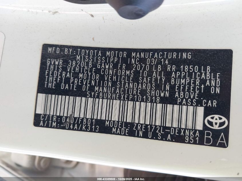 2014 Toyota Corolla Le Plus VIN: 5YFBURHEXEP101318 Lot: 43389508