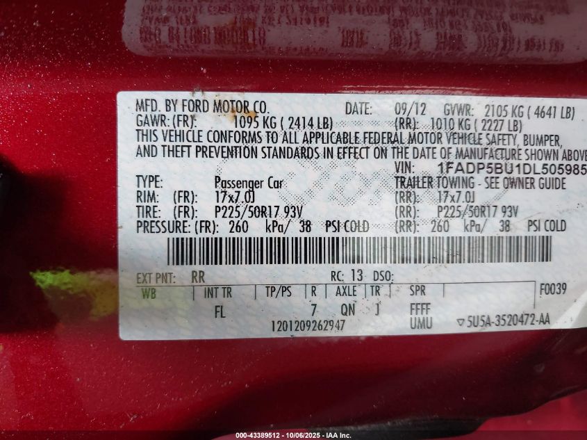 2013 Ford C-Max Hybrid Sel VIN: 1FADP5BU1DL505985 Lot: 43389512