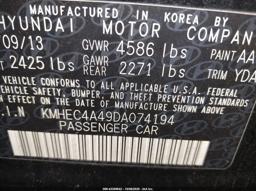 2013 Hyundai Sonata Hybrid Limited VIN: KMHEC4A49DA074194 Lot: 43389542