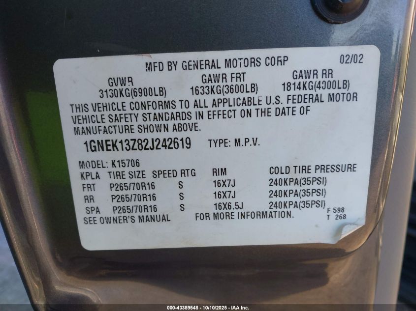 2002 Chevrolet Tahoe Ls VIN: 1GNEK13Z82J242619 Lot: 43389548
