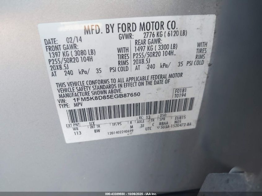 2014 Ford Explorer Xlt VIN: 1FM5K8D85EGB87650 Lot: 43389550