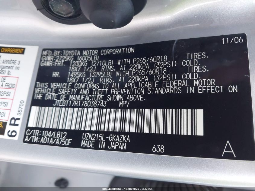 2007 Toyota 4Runner Limited V8 VIN: JTEBT17R178038743 Lot: 43389560