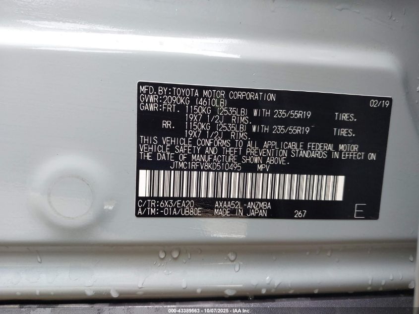 2019 Toyota Rav4 Xle Premium VIN: JTMC1RFV8KD510495 Lot: 43389563