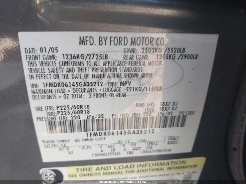 2005 Ford Freestyle Limited VIN: 1FMDK06145GA35212 Lot: 43389568