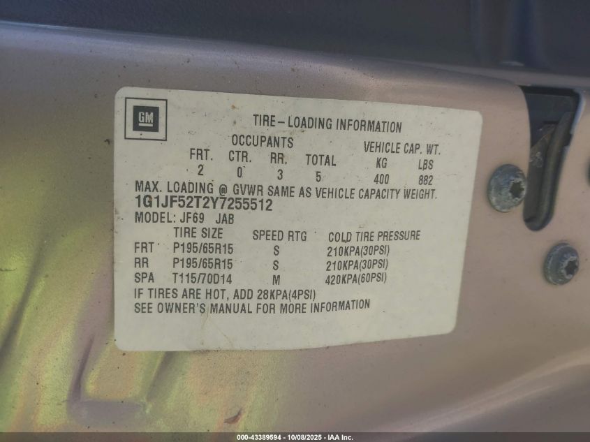 2000 Chevrolet Cavalier Ls VIN: 1G1JF52T2Y7255512 Lot: 43389594