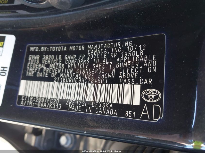 2017 Toyota Corolla Se VIN: 2T1BURHE9HC784603 Lot: 43389599