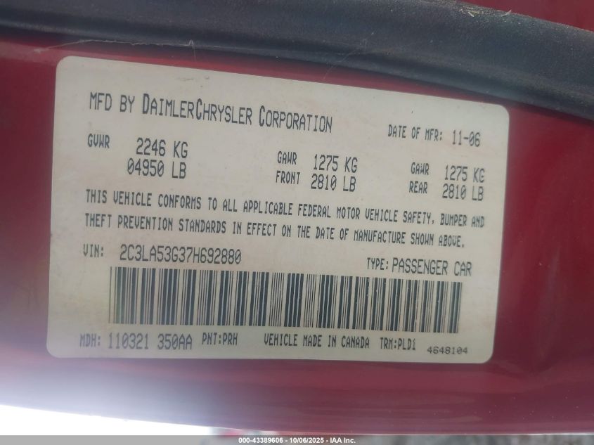 2007 Chrysler 300 Touring VIN: 2C3LA53G37H692880 Lot: 43389606