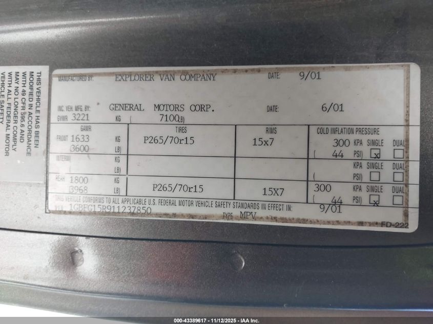 2001 Chevrolet Express Upfitter VIN: 1GBFG15R911237850 Lot: 43389617