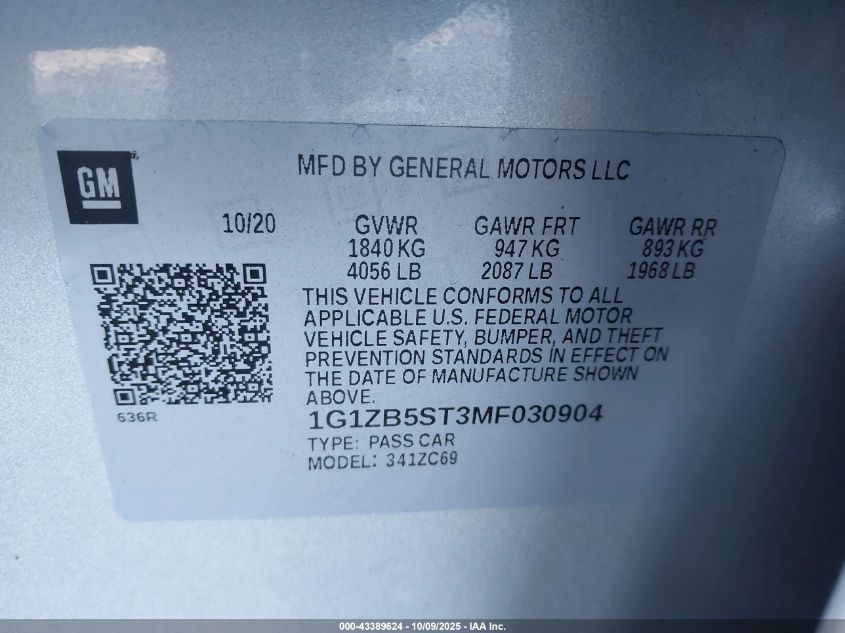 2021 Chevrolet Malibu Fwd Ls VIN: 1G1ZB5ST3MF030904 Lot: 43389624