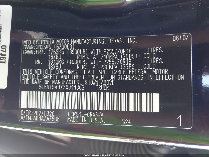 2007 Toyota Tundra Sr5 4.7L V8 VIN: 5TFRT541X7X011362 Lot: 43389628