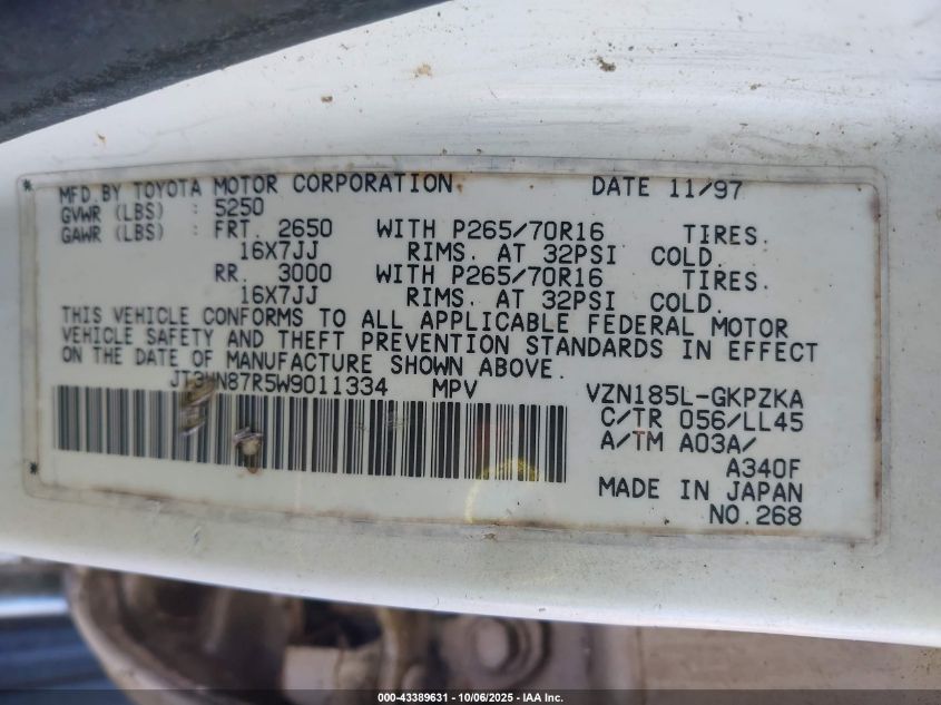 1998 Toyota 4Runner Sr5 V6 Limited VIN: JT3HN87R5W9011334 Lot: 43389631