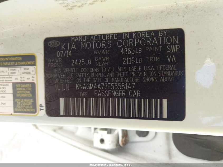2015 Kia Optima Lx VIN: KNAGM4A73F5558147 Lot: 43389636