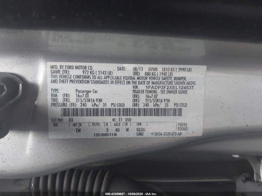 2014 Ford Focus Se VIN: 1FADP3F2XEL124537 Lot: 43389657