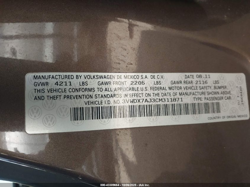 2012 Volkswagen Jetta 2.5L Se VIN: 3VWDX7AJ3CM311871 Lot: 43389664