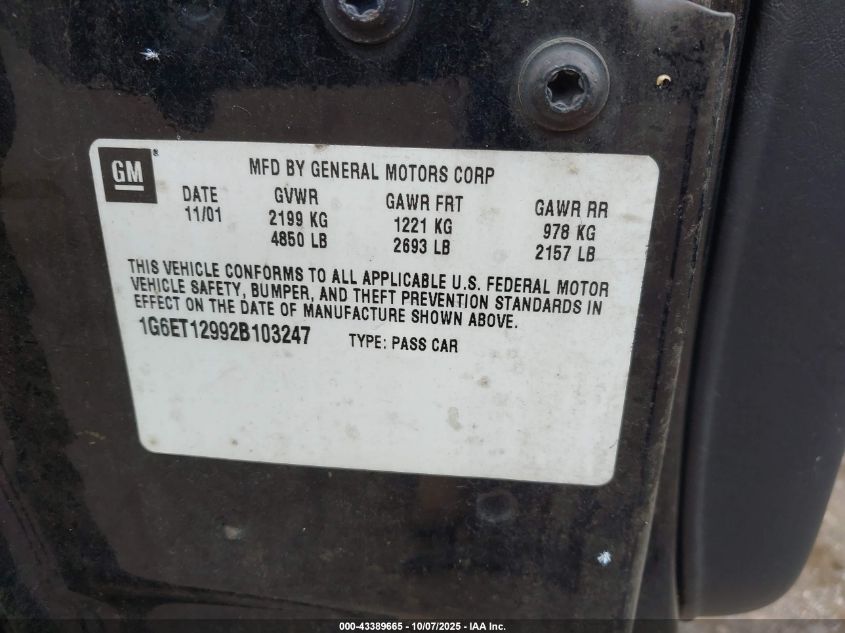 2002 Cadillac Eldorado Etc VIN: 1G6ET12992B103247 Lot: 43389665