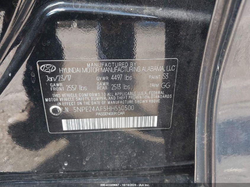 2017 Hyundai Sonata Se VIN: 5NPE24AF5HH550500 Lot: 43389667