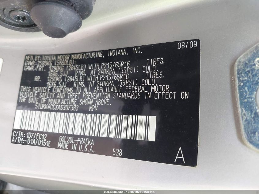 2010 Toyota Sienna Le VIN: 5TDKK4CCXAS307383 Lot: 43389681