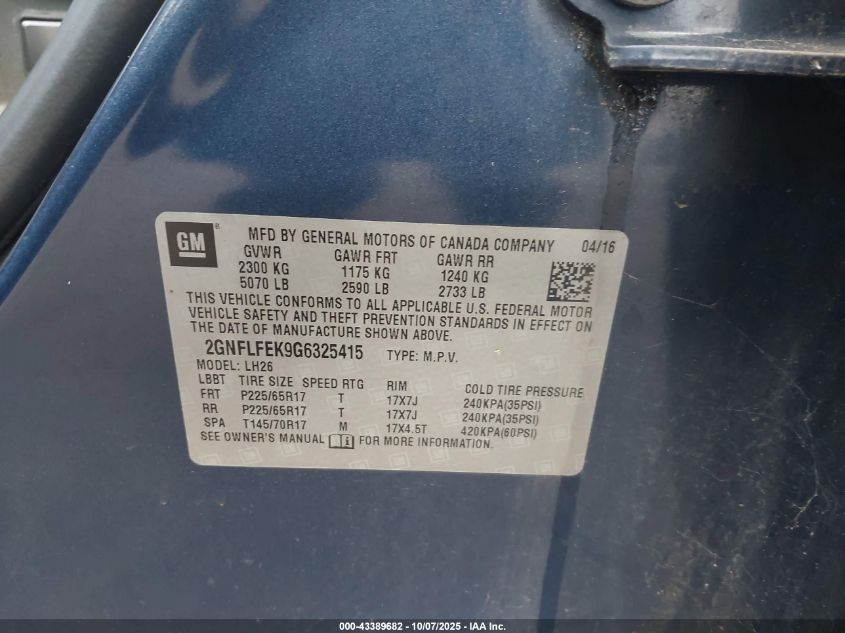 2016 Chevrolet Equinox Lt VIN: 2GNFLFEK9G6325415 Lot: 43389682