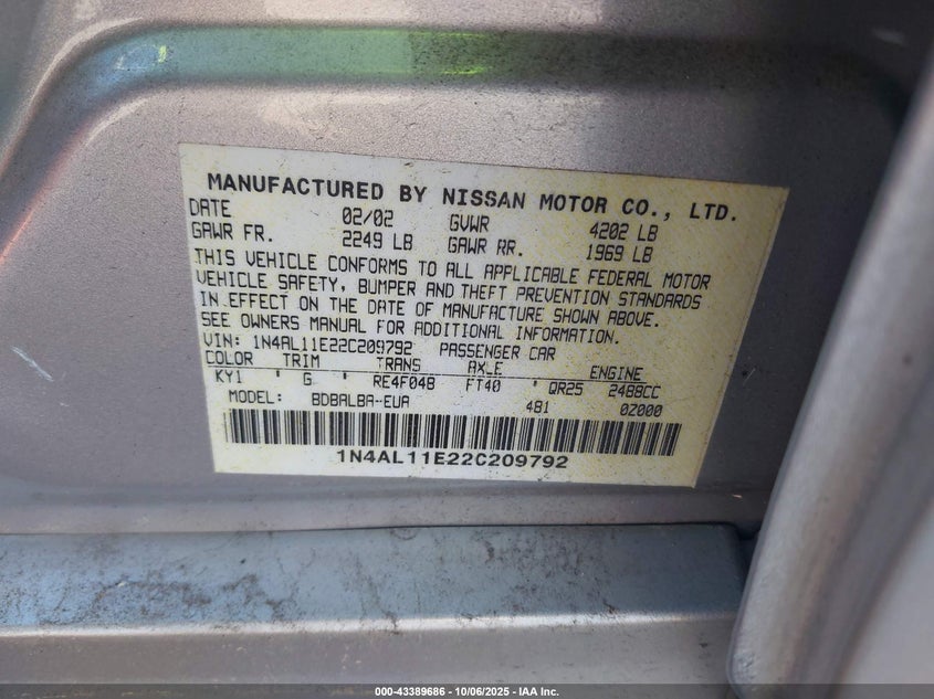 2002 Nissan Altima 2.5 S VIN: 1N4AL11E22C209792 Lot: 43389686