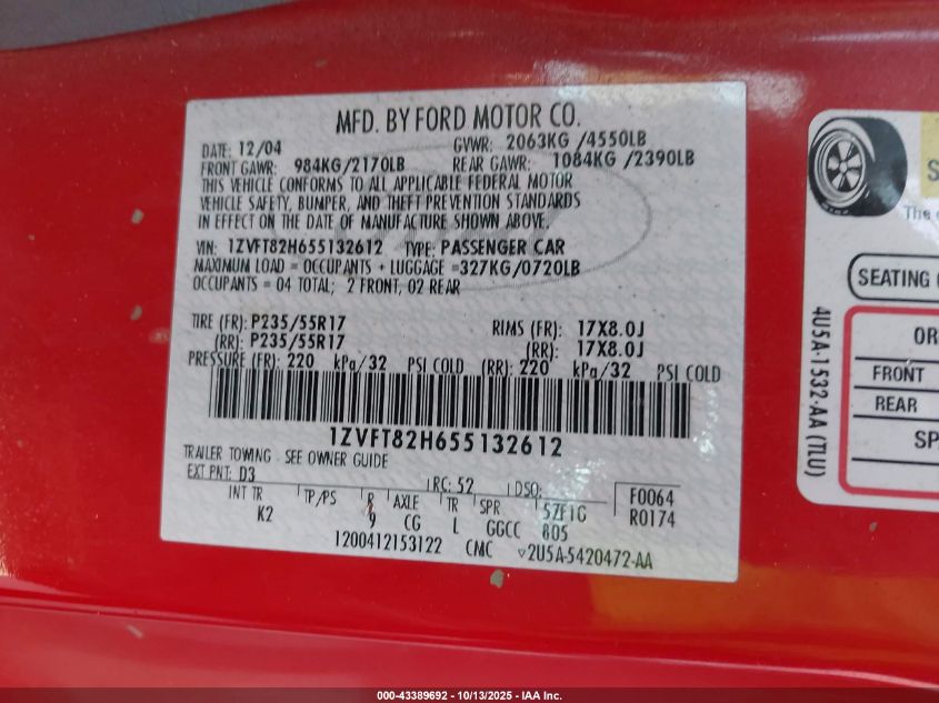 2005 Ford Mustang Gt Deluxe/Gt Premium VIN: 1ZVFT82H655132612 Lot: 43389692