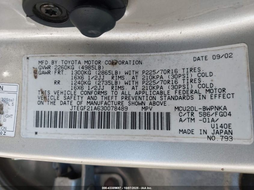 2003 Toyota Highlander V6 VIN: JTEGF21A630078489 Lot: 43389697