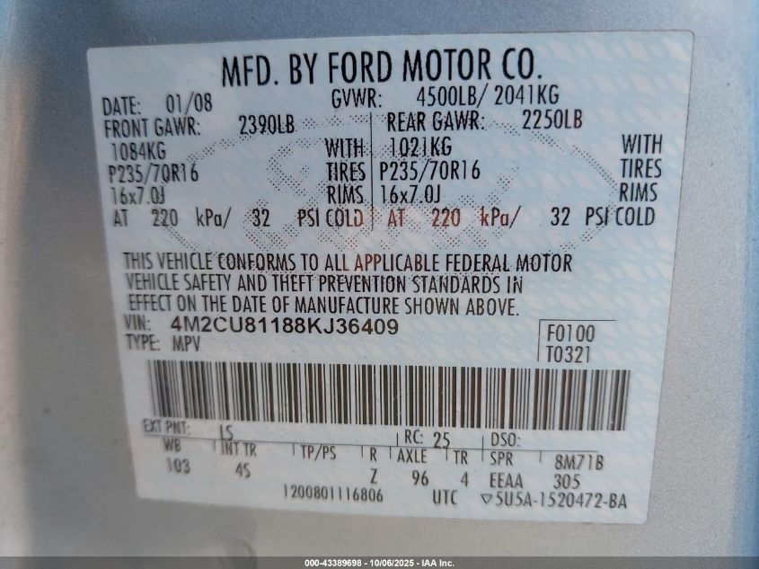 2008 Mercury Mariner V6 VIN: 4M2CU81188KJ36409 Lot: 43389698